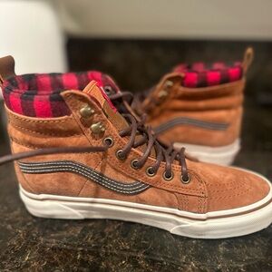 Vans Brown and Red High-Top Sneakers with Plaid Detail